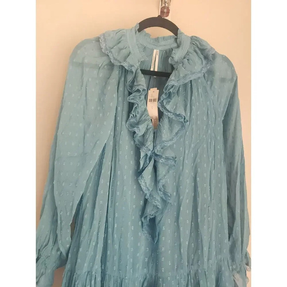 NWT By Anthropologie Long-Sleeve V-Neck Ruffled Tunic Dress Sz S TURQUOISE 9F410 - Picture 5 of 11